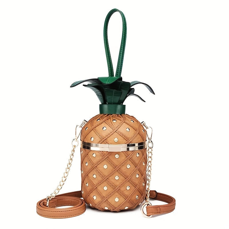 [Cute Pineapple Purse] Tropical Cute Pineapple Shaped Bucket Purse For Women | Crossbody Bag With Chain Strap, Rivet Details & Adjustable Shoulder Handle