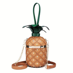 [Cute Pineapple Purse] Tropical Cute Pineapple Shaped Bucket Purse For Women | Crossbody Bag With Chain Strap, Rivet Details & Adjustable Shoulder Handle